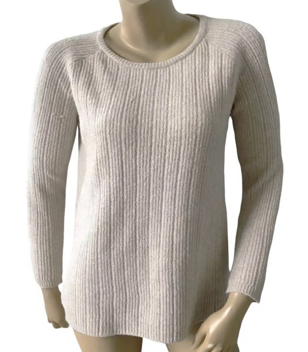 BB Dakota Sweater Womens XS Cold Shoulder Slit Sleeve Beige Ribbed Knit Stretch